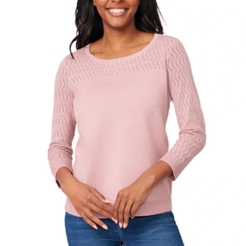 Melissa Paige Women's Crewneck Pointelle 3/4-Sleeve Lightweight Sweater